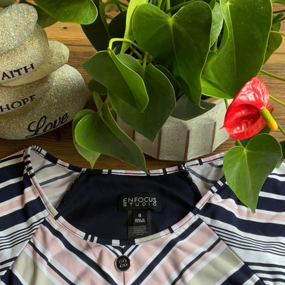 💖Enfocus boat neck navy, white, pink and taupe stripe dress with elastic waist - Picture 4 of 4